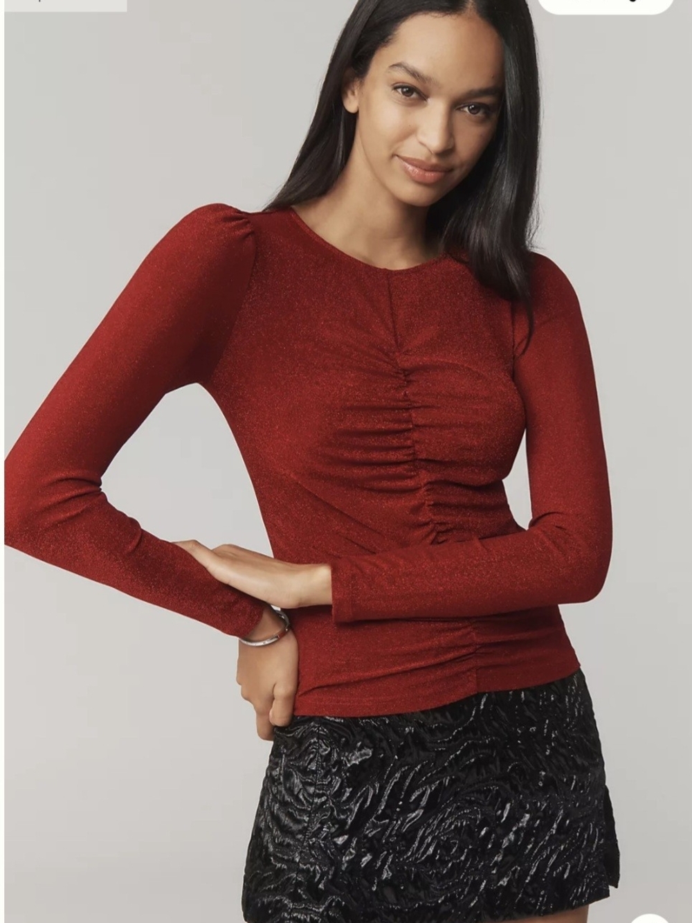 Walter Baker Red Metallic Ruched Long-Sleeve Top